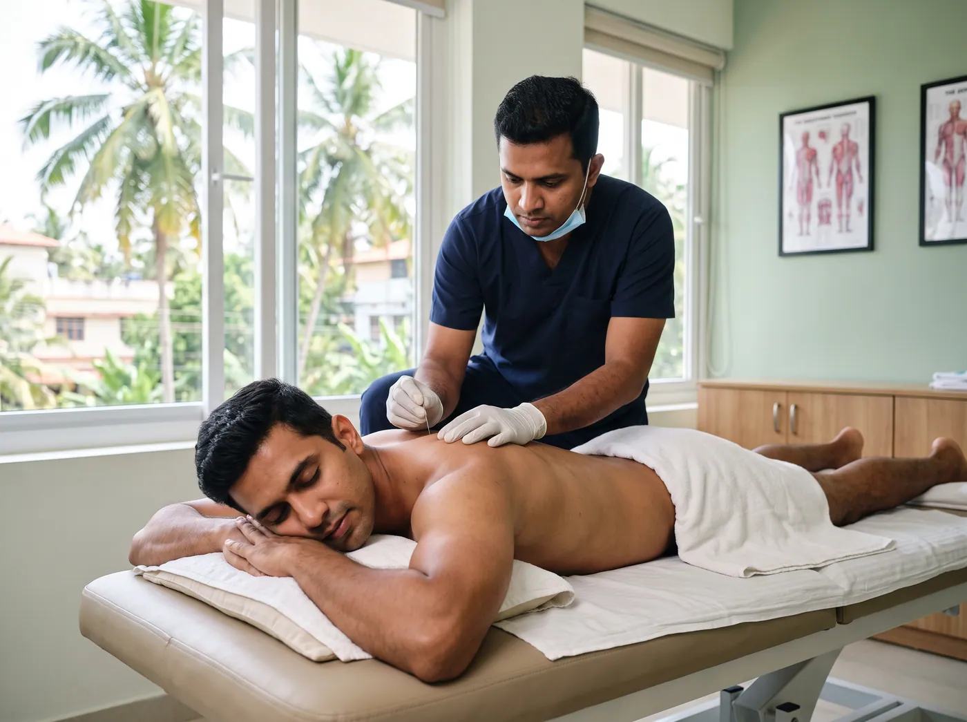 Dry needling treatment on the upper trapezius