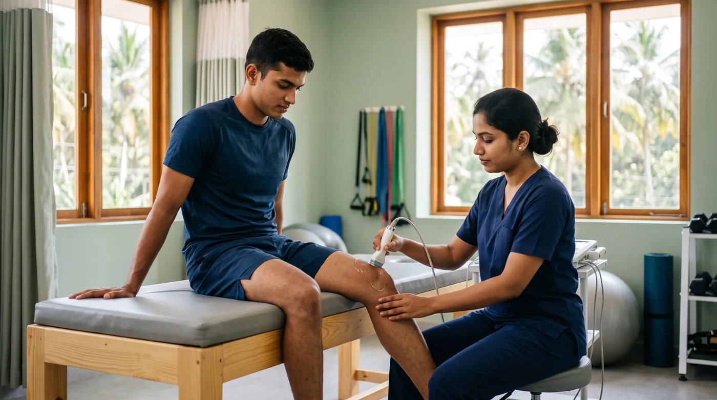 Physiotherapist applying ultrasound therapy to an athlete's knee at Proud Physio