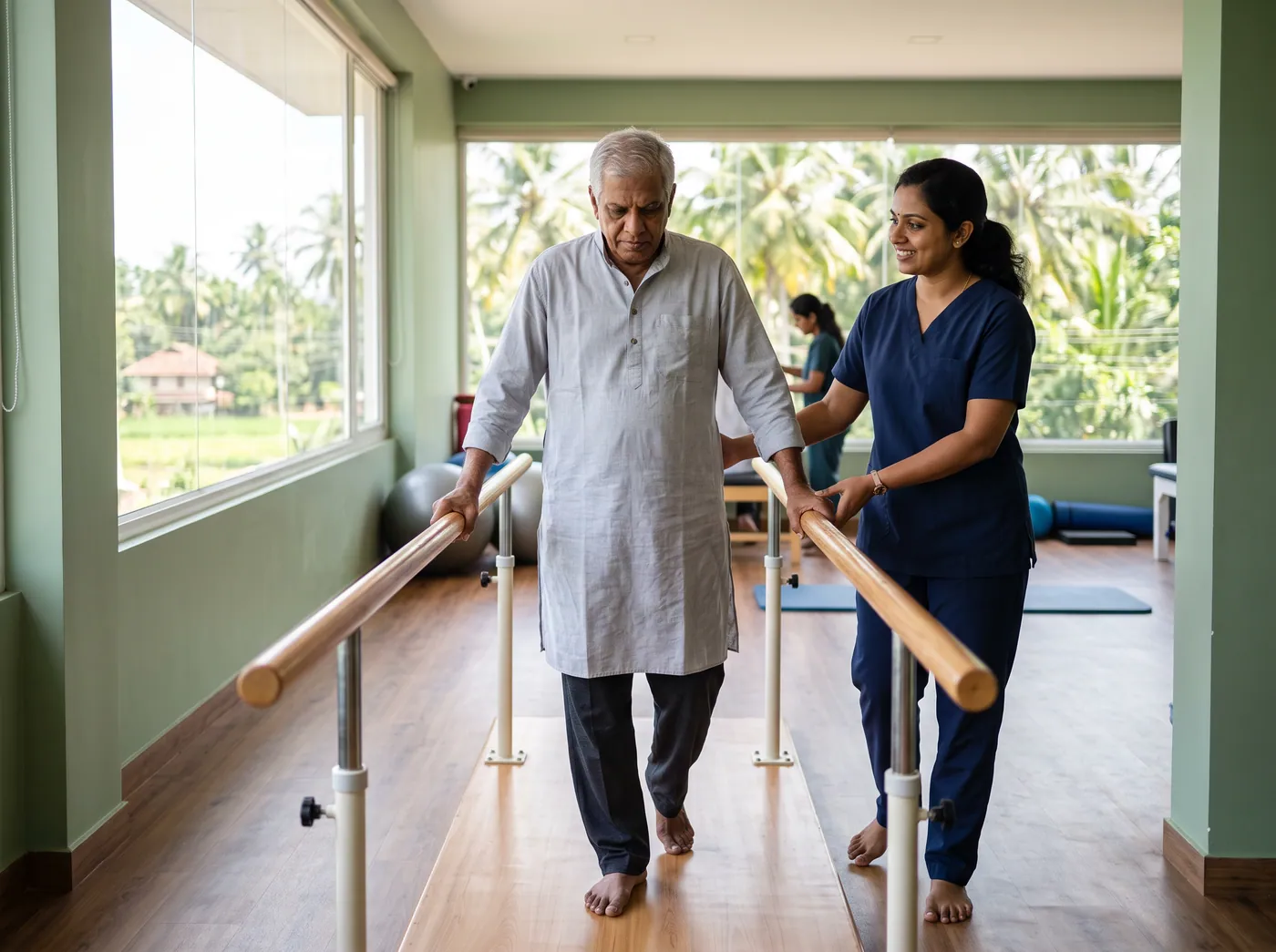 Stroke rehabilitation — patient walking between parallel bars with physiotherapist support