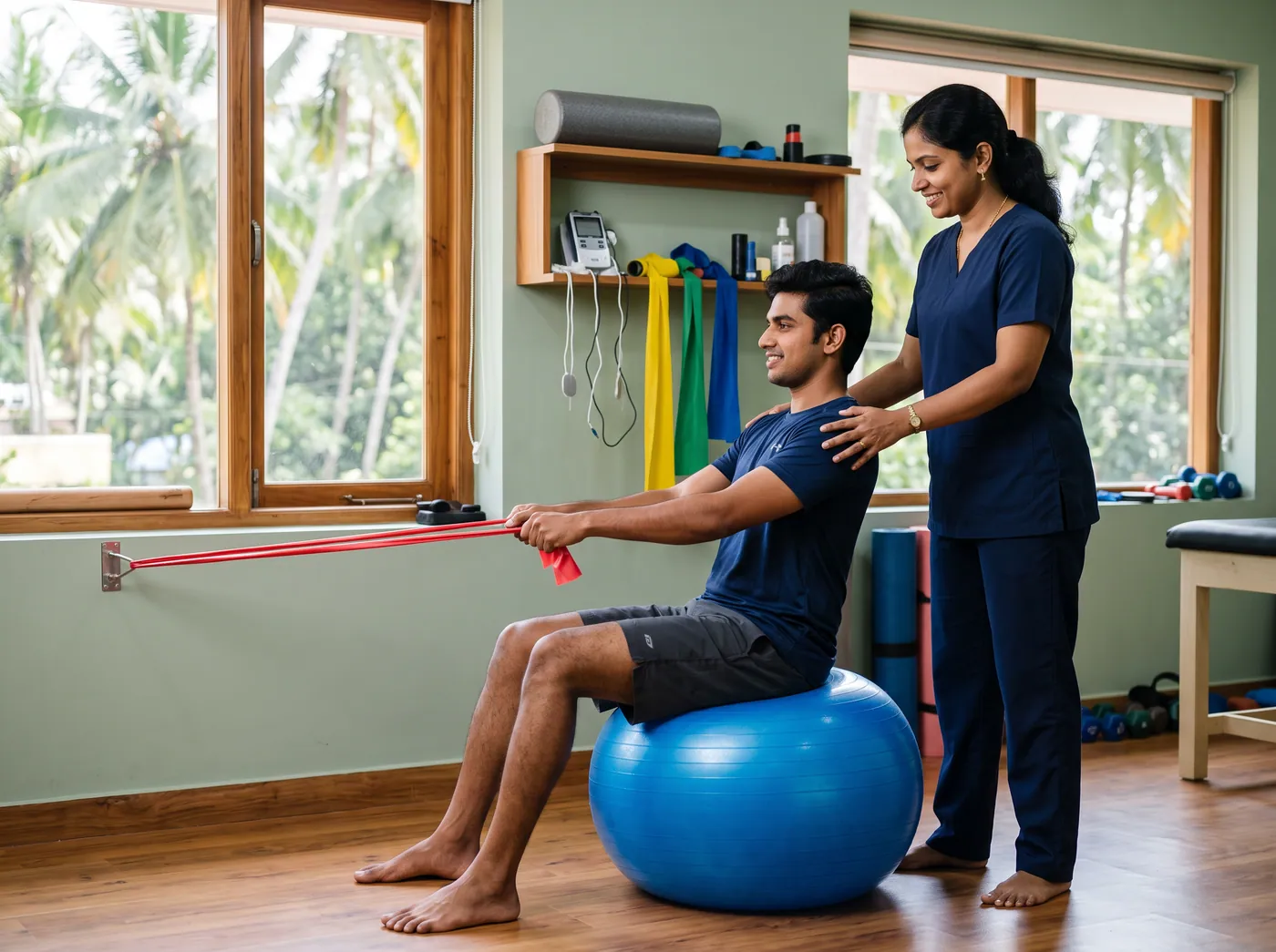 Patient balancing on an exercise ball with a resistance band under physiotherapist guidance