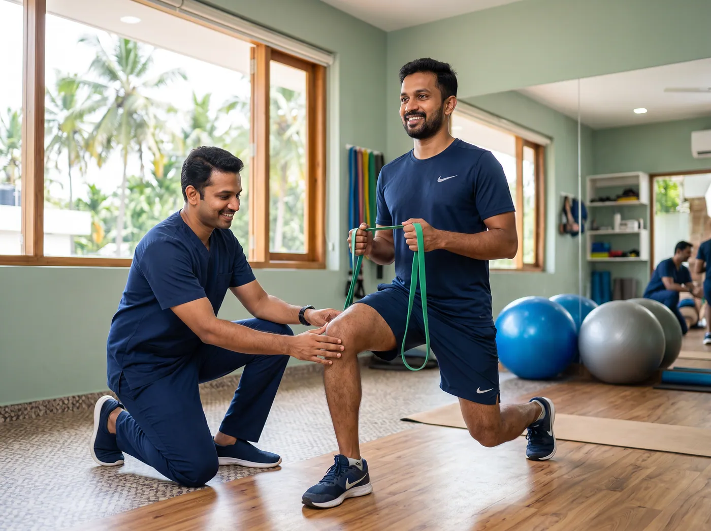 Physiotherapist correcting lunge form during an injury-prevention session