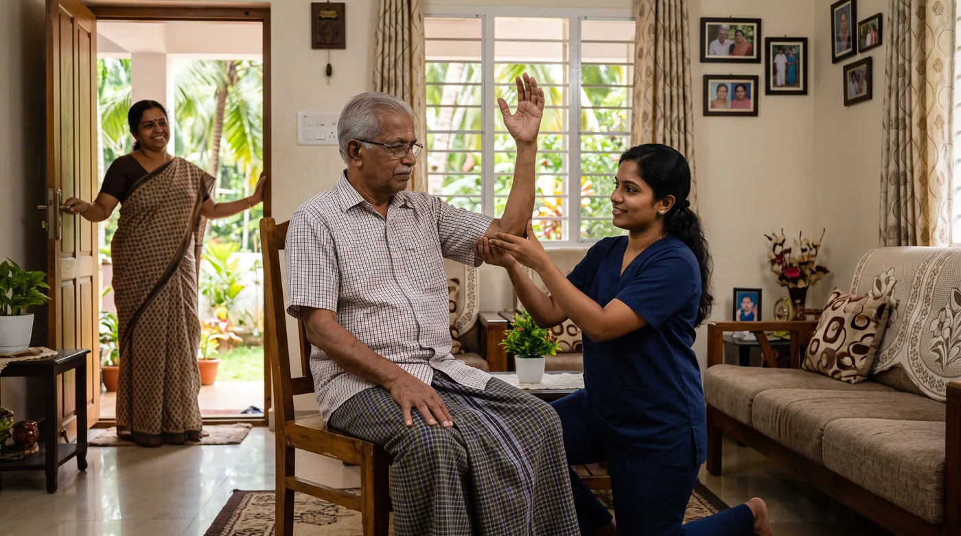 Stroke rehabilitation at home in Kochi — physiotherapist helping a patient in the living room