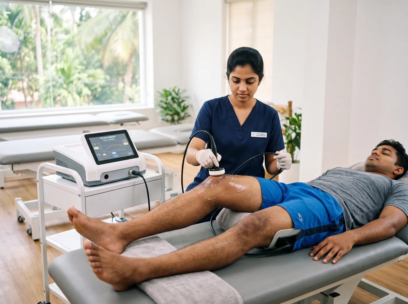 TECAR therapy on a patient's knee