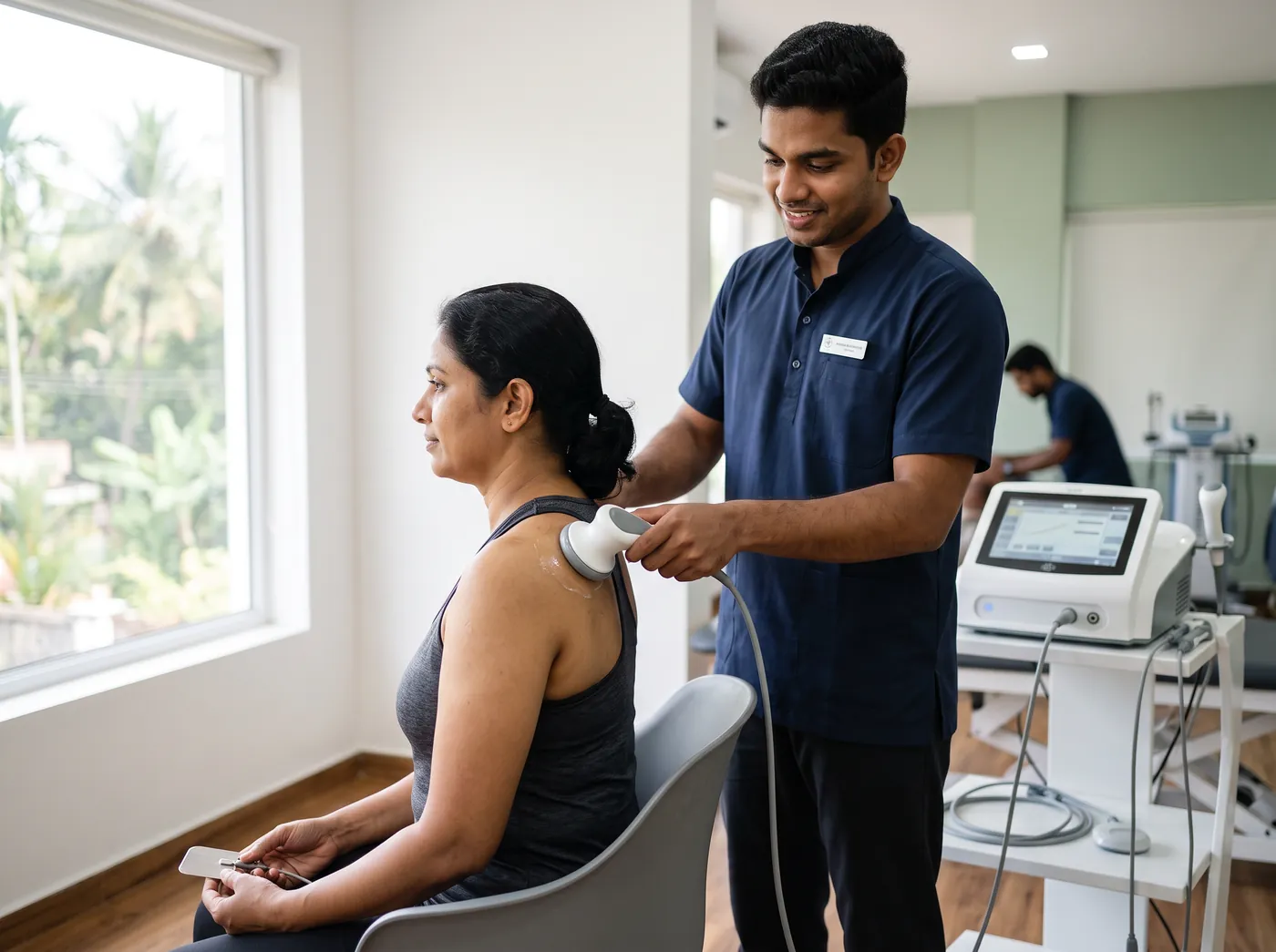 Physiotherapist giving TECAR therapy on a patient's shoulder at Proud Physio and Wellness