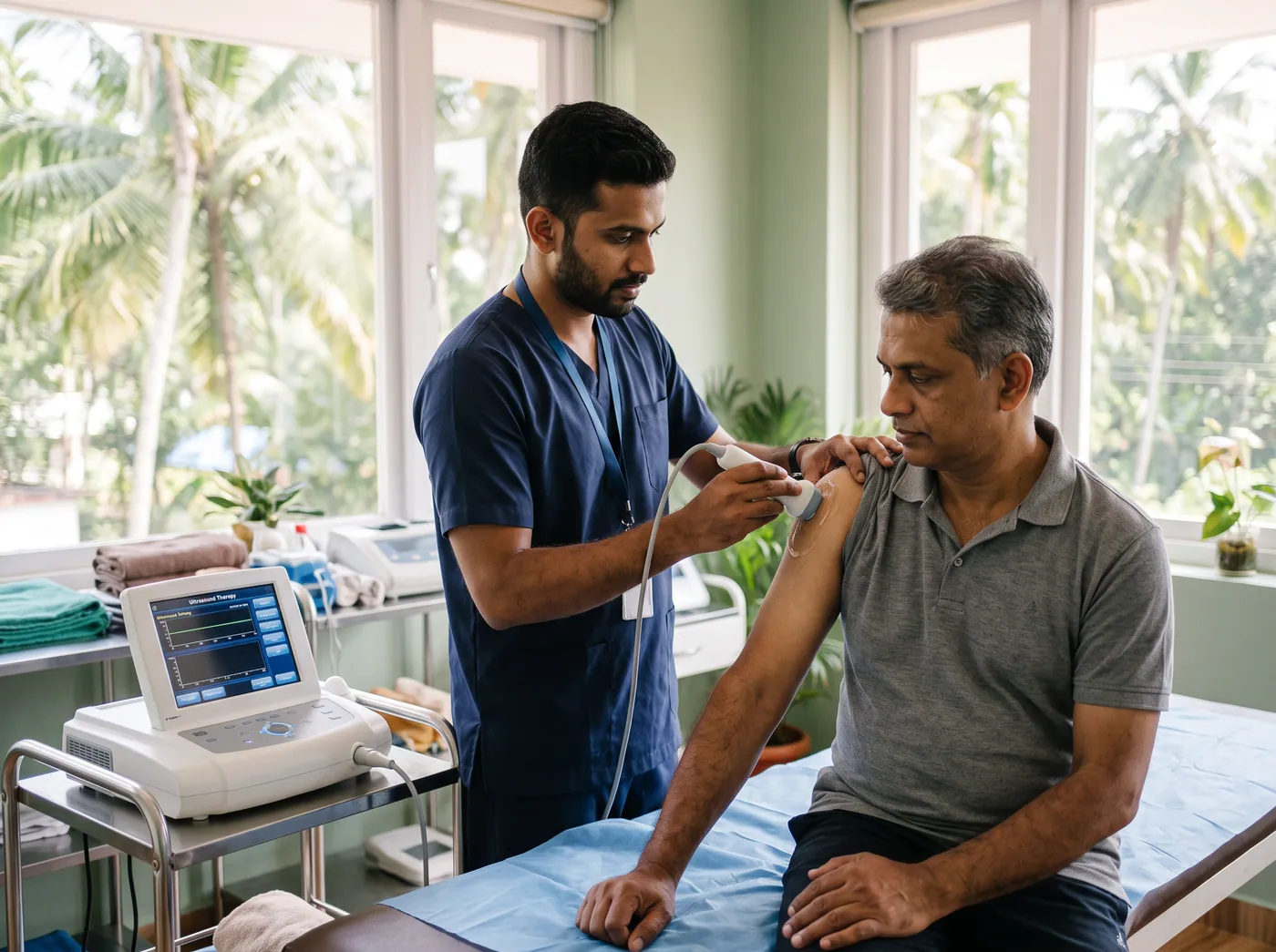 Ultrasound physiotherapy treatment on the shoulder